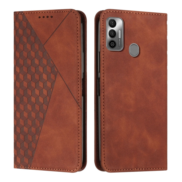 Brown leather phone case with geometric diamond panel and round magnetic clasp, front and back