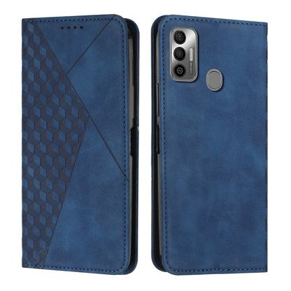 Blue leather-style wallet phone case with geometric front panel, camera opening, and speaker cutouts