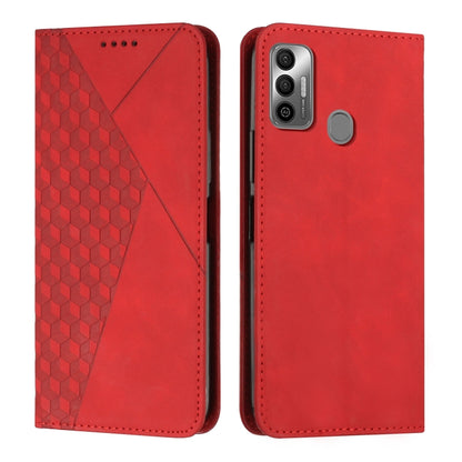 Red leather phone case with diamond textured side panel and camera cutout on back.