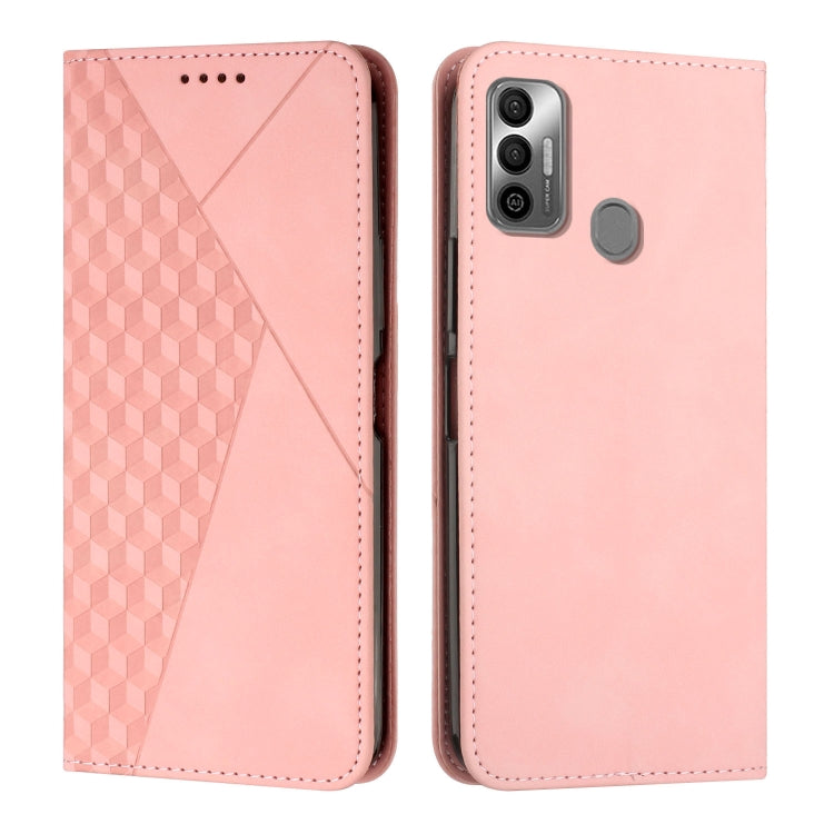 Rose gold magnetic leather phone case with diamond pattern and gray magnetic button