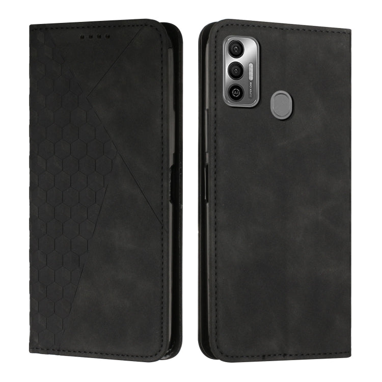 Magnetic leather phone case with hex texture, black; round gray magnetic clasp