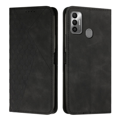 Magnetic leather phone case with hex texture, black; round gray magnetic clasp