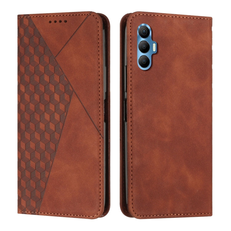 Brown leather phone case with diamond pattern, camera cutout and stitched border, front and back