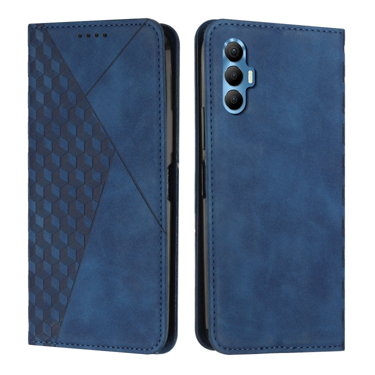 Blue leather-style wallet phone case with geometric pattern, rear camera cutout, and stitched edges