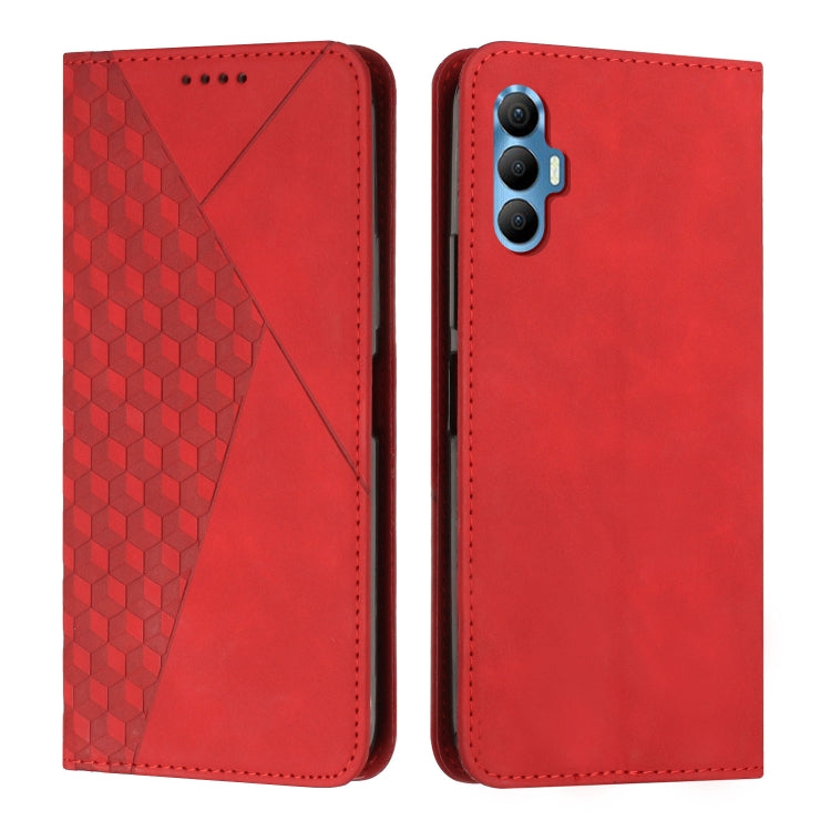 Red leather phone case with diamond textured panel and camera housing cutout on back.