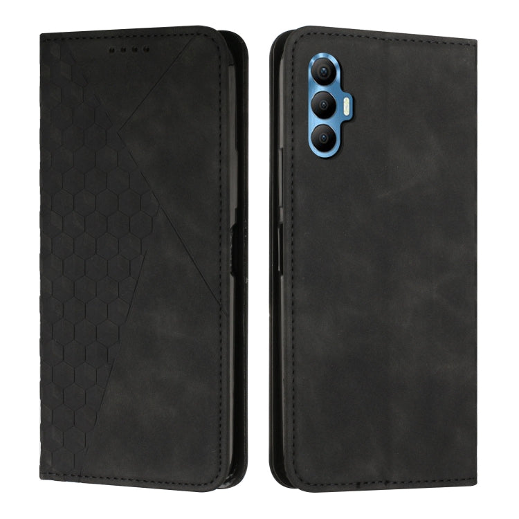 Magnetic leather phone case with hex texture, black; blue round magnetic clasp