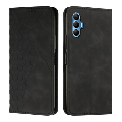Magnetic leather phone case with hex texture, black; blue round magnetic clasp