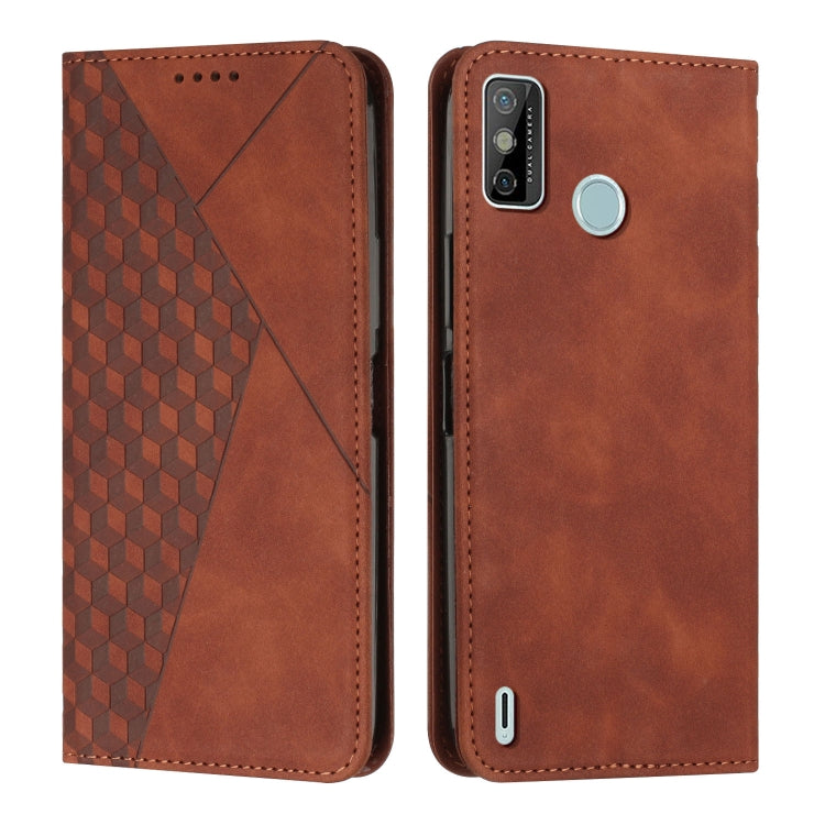 Brown leather phone case with diamond panel, magnetic clasp, and bottom port cutouts, front/back