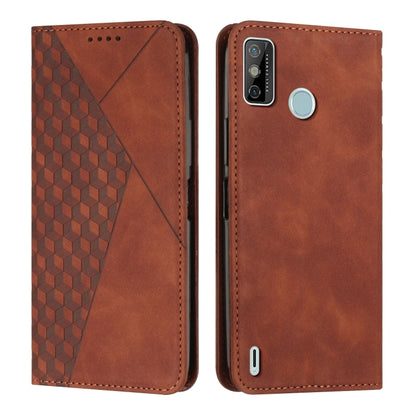 Brown leather phone case with diamond panel, magnetic clasp, and bottom port cutouts, front/back