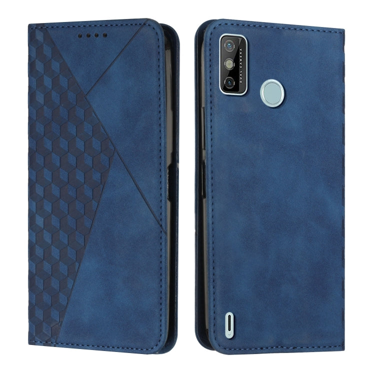 Blue leather-style wallet phone case with geometric front design, camera opening, and accessory button