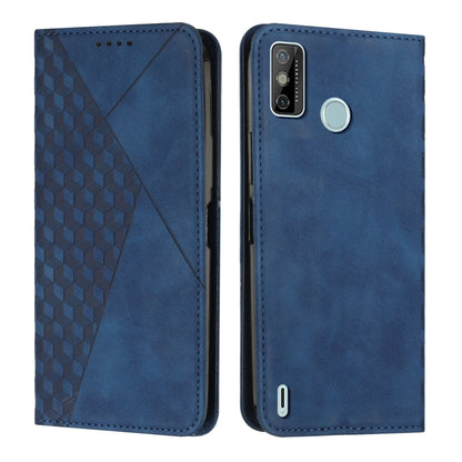 Blue leather-style wallet phone case with geometric front design, camera opening, and accessory button