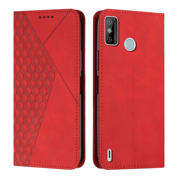 Red leather phone case with diamond textured side and visible charging port cutout.