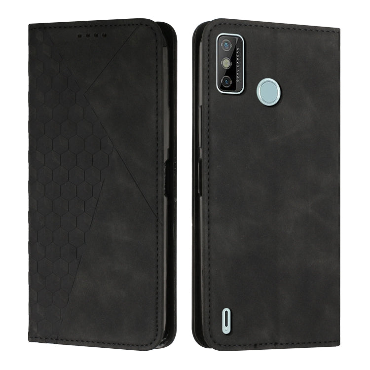 Magnetic leather phone case with hex texture, black; pale blue round magnetic clasp