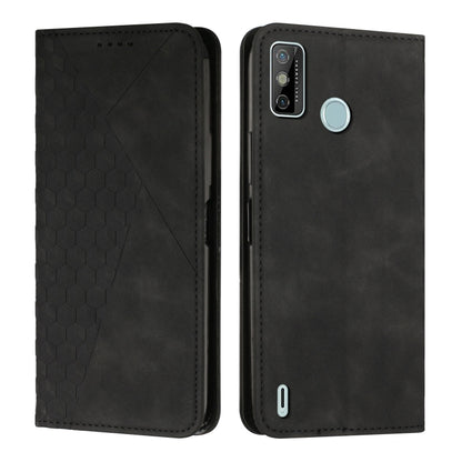 Magnetic leather phone case with hex texture, black; pale blue round magnetic clasp