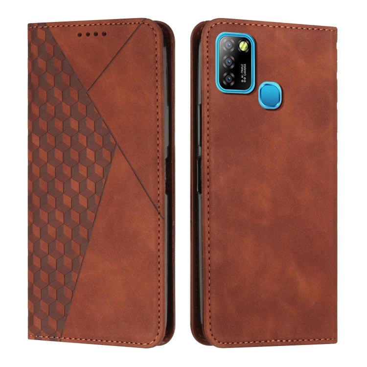 Brown leather phone case with diamond-pattern panel and folio magnetic cover