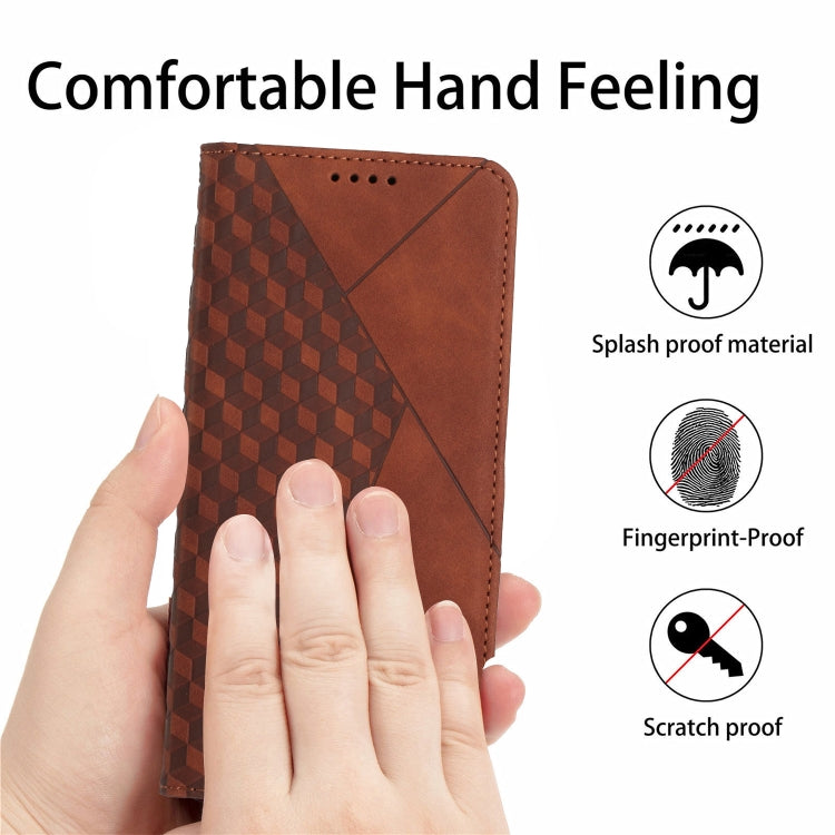Brown leather folio phone case with diamond texture, comfortable hand grip