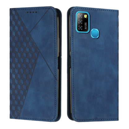 Blue magnetic leather phone case with diamond pattern front and camera cutout rear