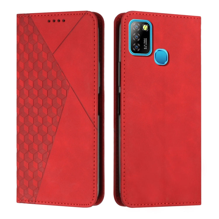Red leather phone case with diamond-pattern panel and magnetic closure