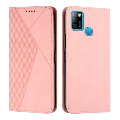 Rose pink diamond-pattern leather magnetic phone case with card slots and camera cutout