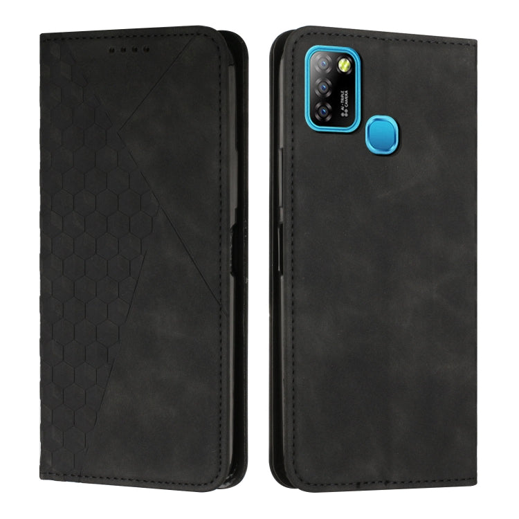 Magnetic leather phone case with diamond splicing, black finish, blue camera trim and side button