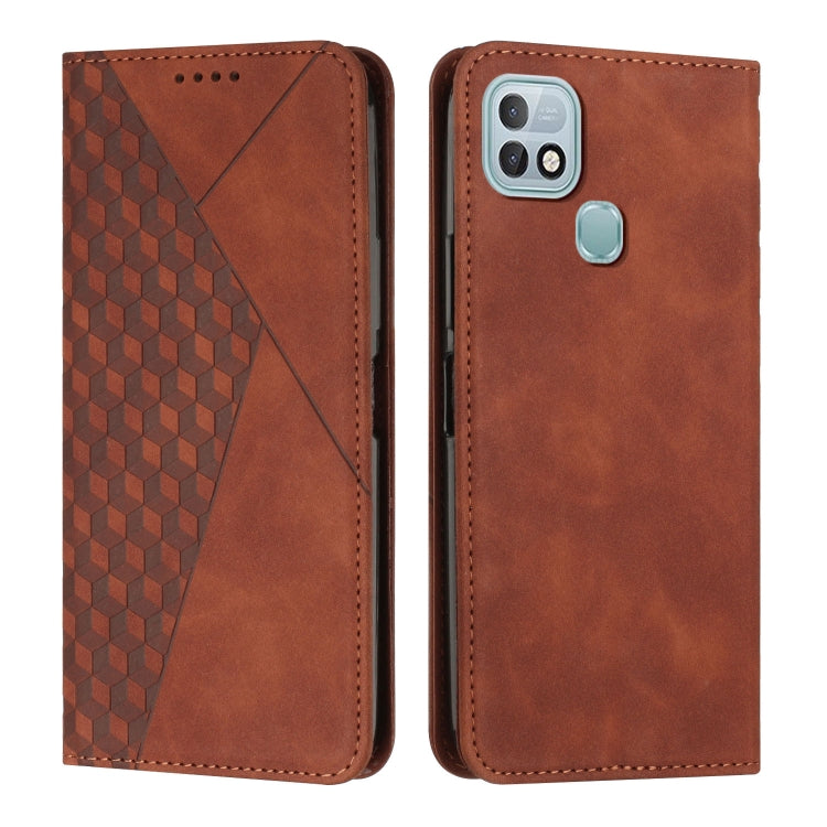 Brown leather phone case with diamond-pattern panel and camera cutout detail