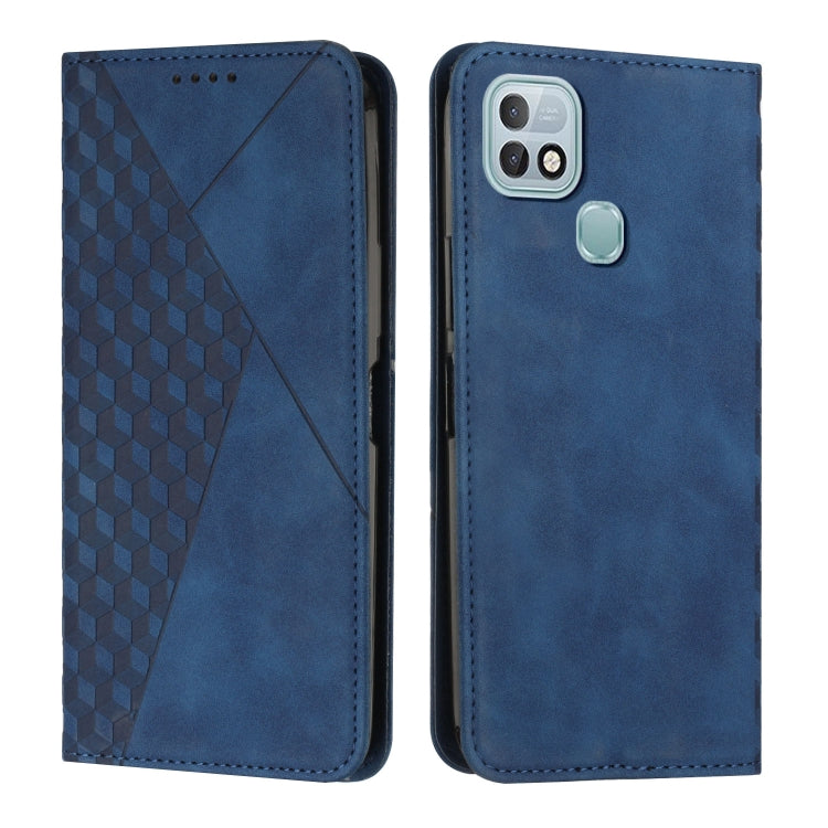 Blue magnetic leather phone case with diamond pattern front and camera window with side button