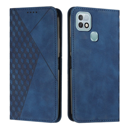 Blue magnetic leather phone case with diamond pattern front and camera window with side button