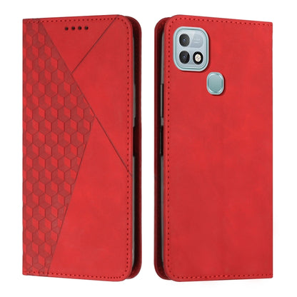 Red leather phone case with diamond-pattern panel and silver camera cutout