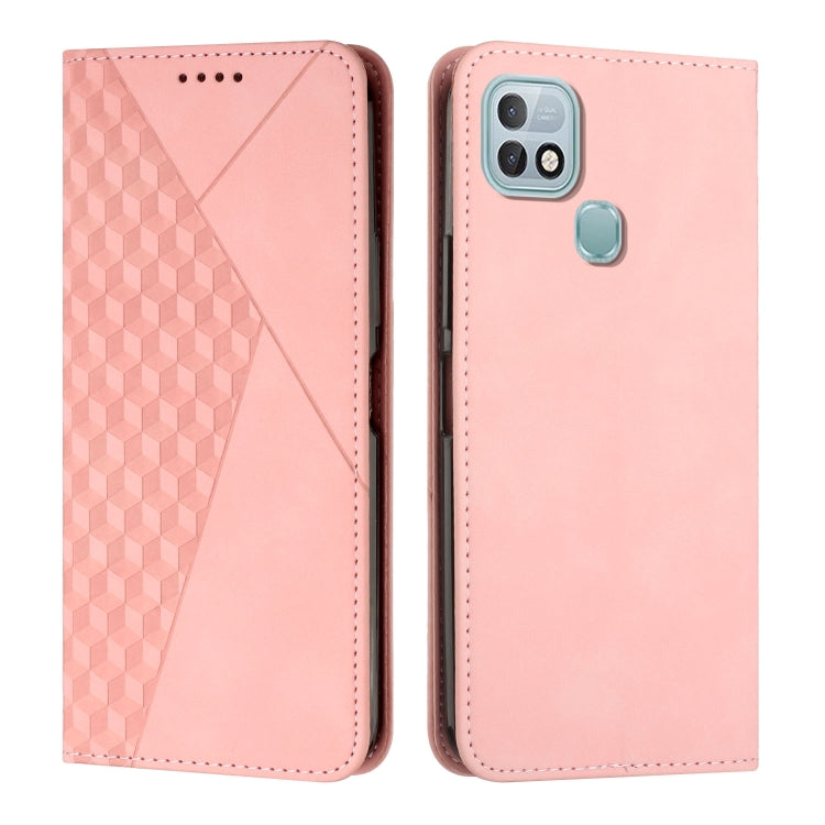 Rose pink diamond-pattern leather magnetic phone case with rear camera window and clasp