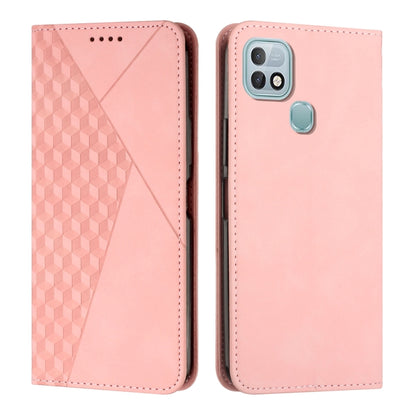 Rose pink diamond-pattern leather magnetic phone case with rear camera window and clasp