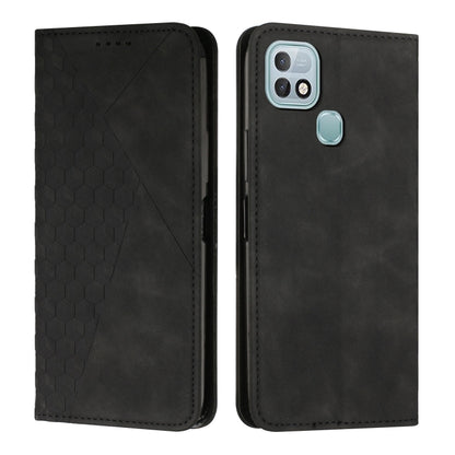 Magnetic leather phone case with diamond splicing, black finish, silver camera cutout and round side button