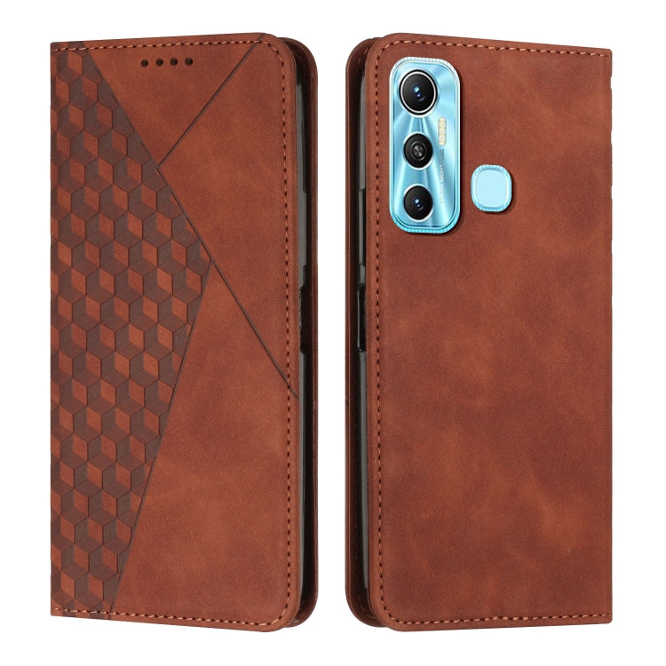 Brown leather phone case with diamond-pattern front and dual camera cutout