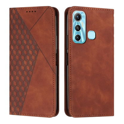 Brown leather phone case with diamond-pattern front and dual camera cutout