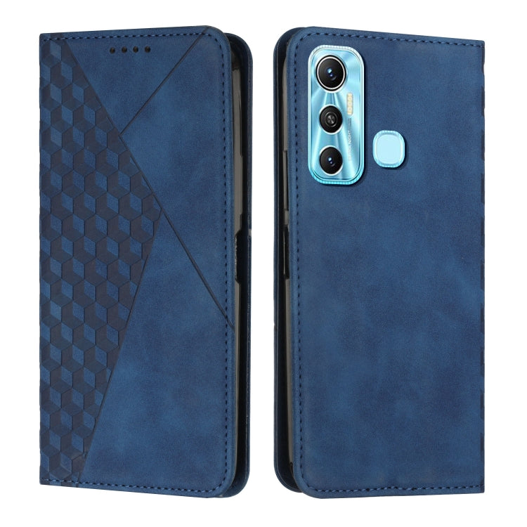 Blue magnetic leather phone case with diamond pattern front and rear camera cutout