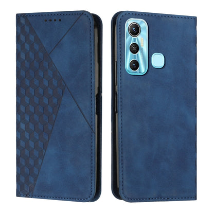 Blue magnetic leather phone case with diamond pattern front and rear camera cutout