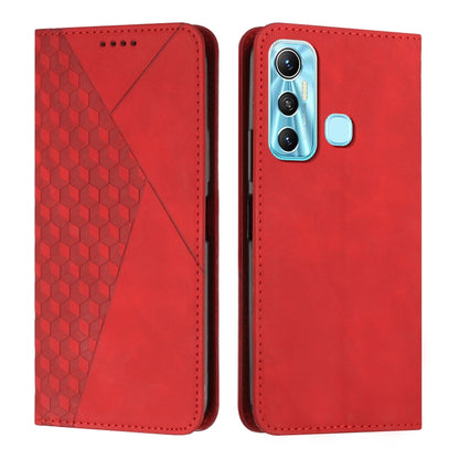 Red leather phone case with diamond-pattern panel and rear camera window with ring
