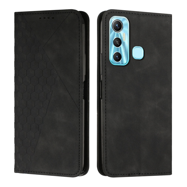 Magnetic leather phone case with diamond splicing, black finish, blue camera trim and round side button