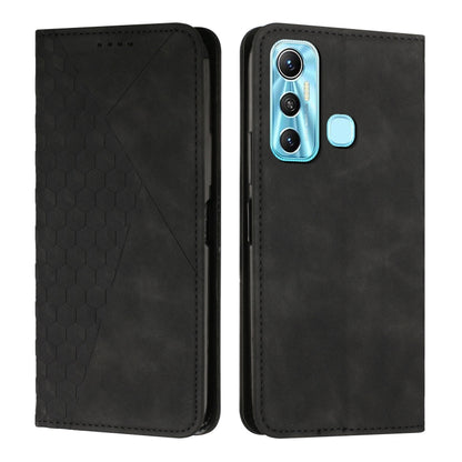 Magnetic leather phone case with diamond splicing, black finish, blue camera trim and round side button