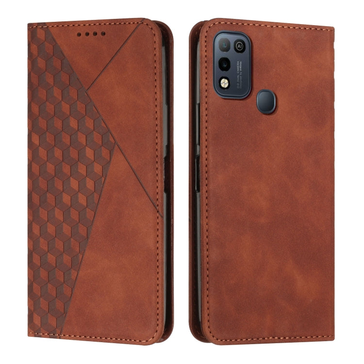 Brown leather phone case with diamond-pattern front and camera plus button cutouts