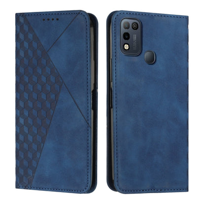 Blue magnetic leather phone case with diamond pattern front and rear camera window