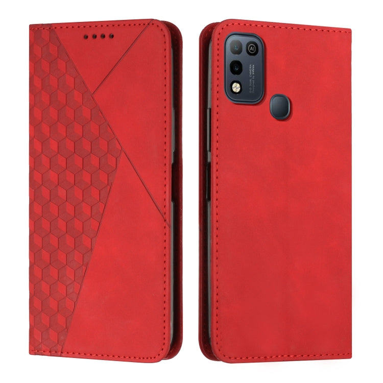 Red leather phone case with diamond-pattern panel and rear camera cutout