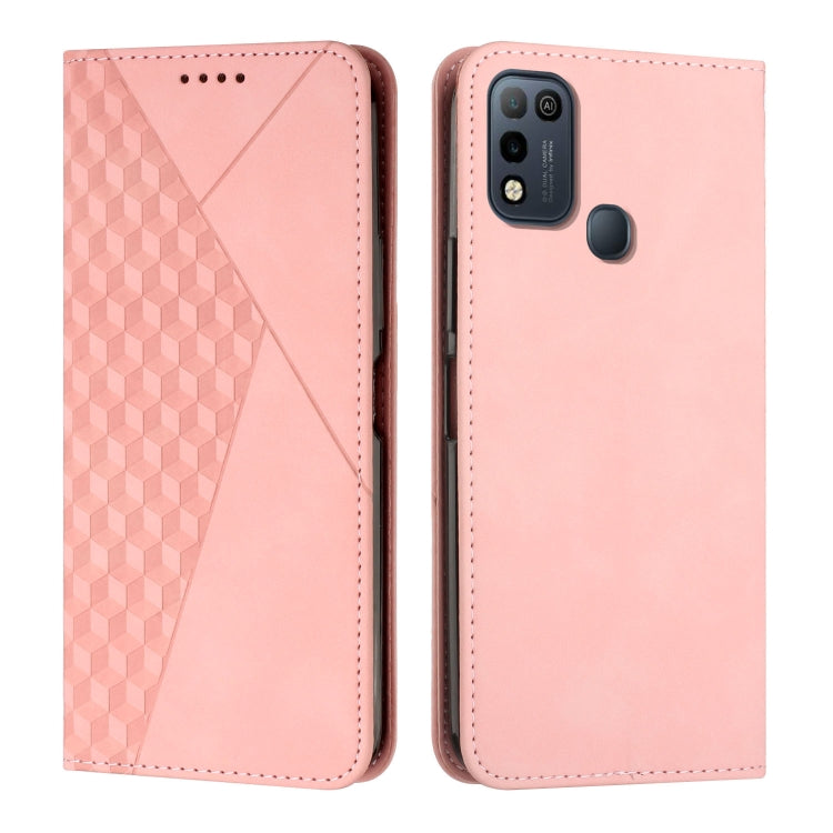 Rose pink diamond-pattern leather magnetic phone case with rear camera cutout and button