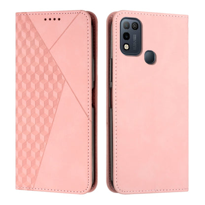 Rose pink diamond-pattern leather magnetic phone case with rear camera cutout and button
