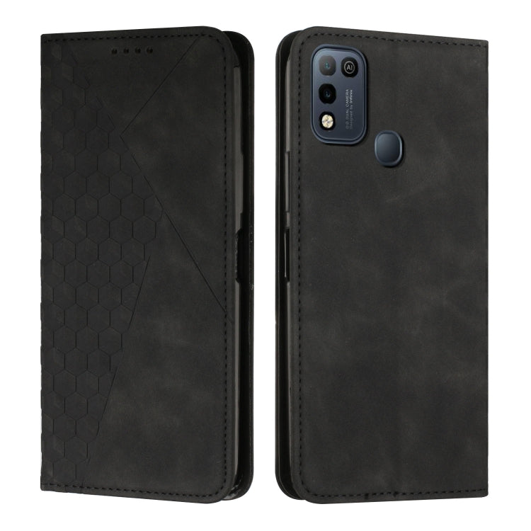 Magnetic leather phone case with diamond splicing, black finish, dark camera window and side button