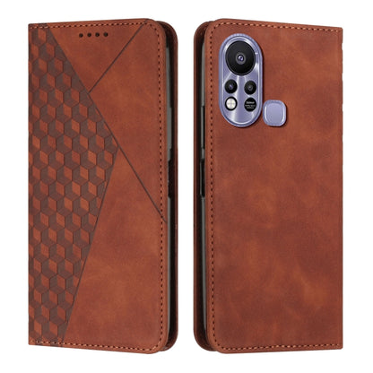 Brown magnetic leather phone case with diamond pattern front and camera cutout rear