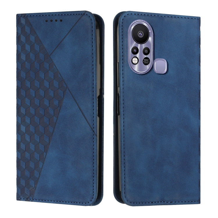 Blue magnetic leather phone case with diamond pattern front and camera cutout with button cover
