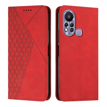 Red leather phone case with diamond-pattern panel and rear camera window