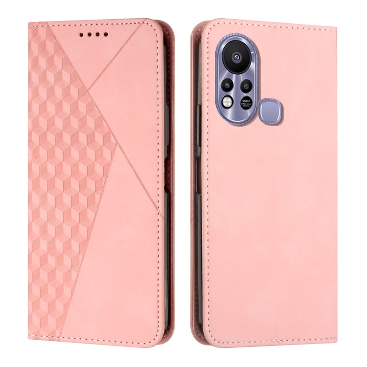 Rose pink diamond-pattern leather magnetic phone case with circular camera cutout and clasp