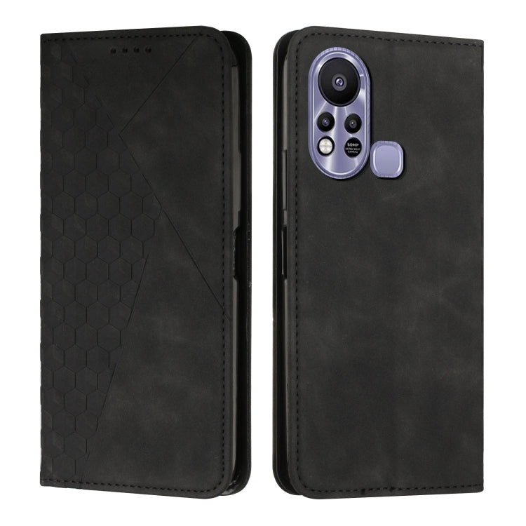 Magnetic leather phone case with diamond splicing, black finish, purple camera trim and round side button