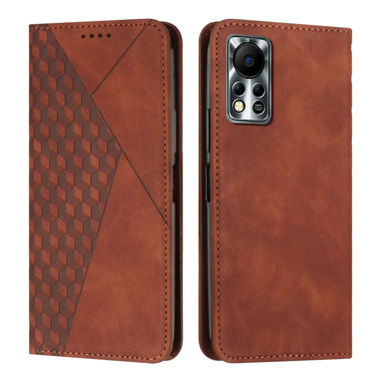 Brown magnetic leather phone case with diamond pattern front and raised camera module cutout